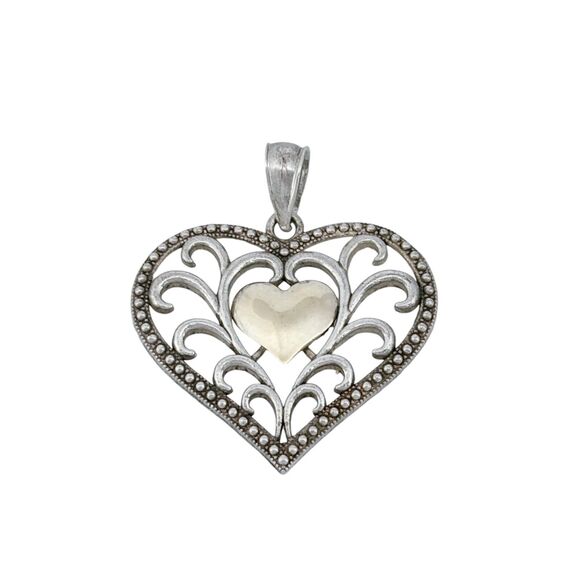 Vintage Sterling Silver 925 & 10K Gold Heart Filigree Scroll Pendant - Picture 2 of 7